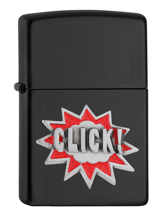 Widok z przodu kąt 3/4 zapalniczka Zippo czarna matowa emblemat z napisem Click