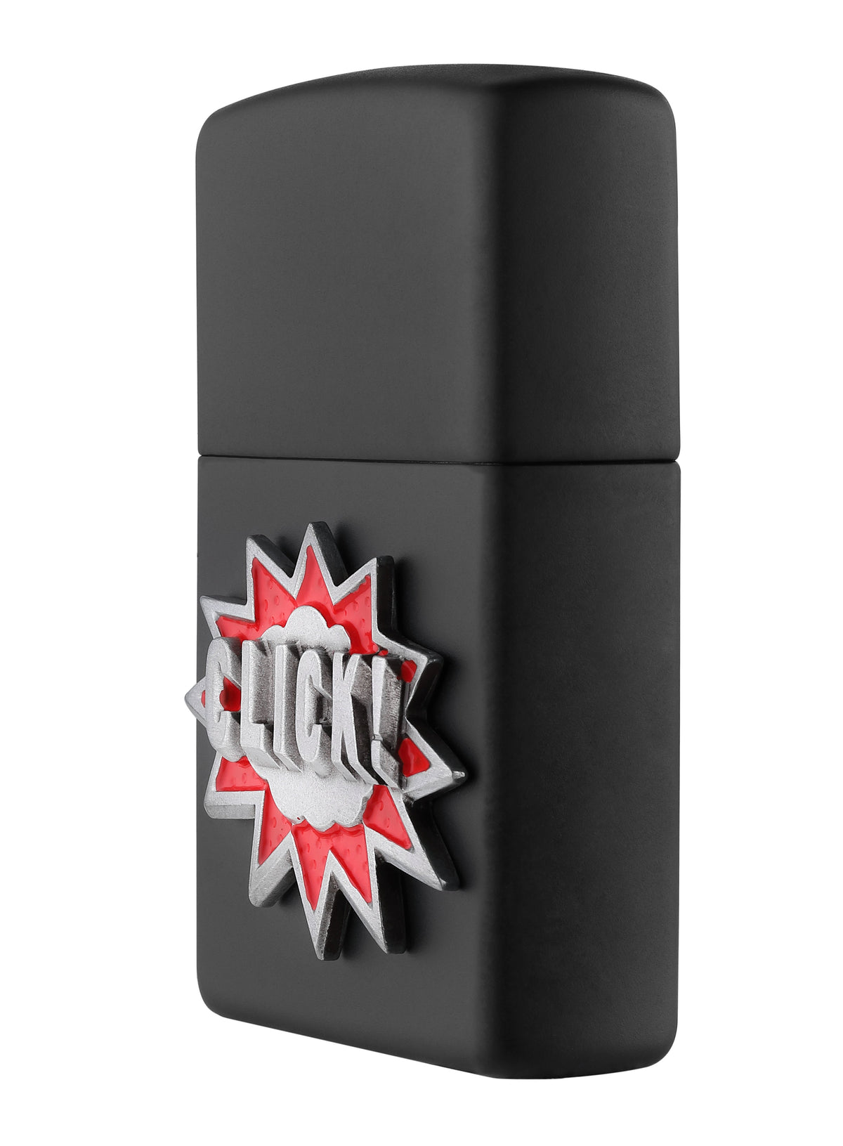 Widok z boku przód zapalniczka Zippo czarna matowa emblemat z napisem Click