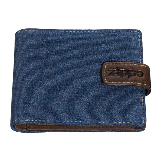 Portfel Zippo Widok z przodu Ciemny denim i brązowa skóra z logo i przyciskiem