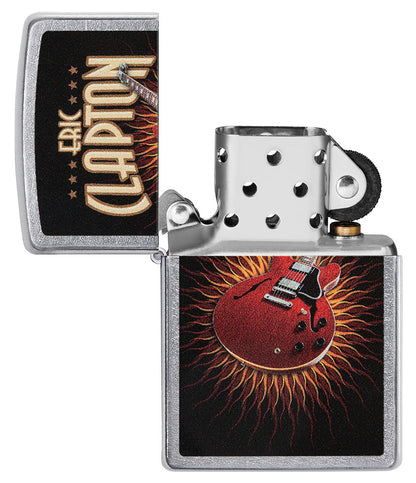 Zapalniczka Zippo z przodu chromowana otwarta z kolorowym wizerunkiem czerwonej gitary Erica Claptona