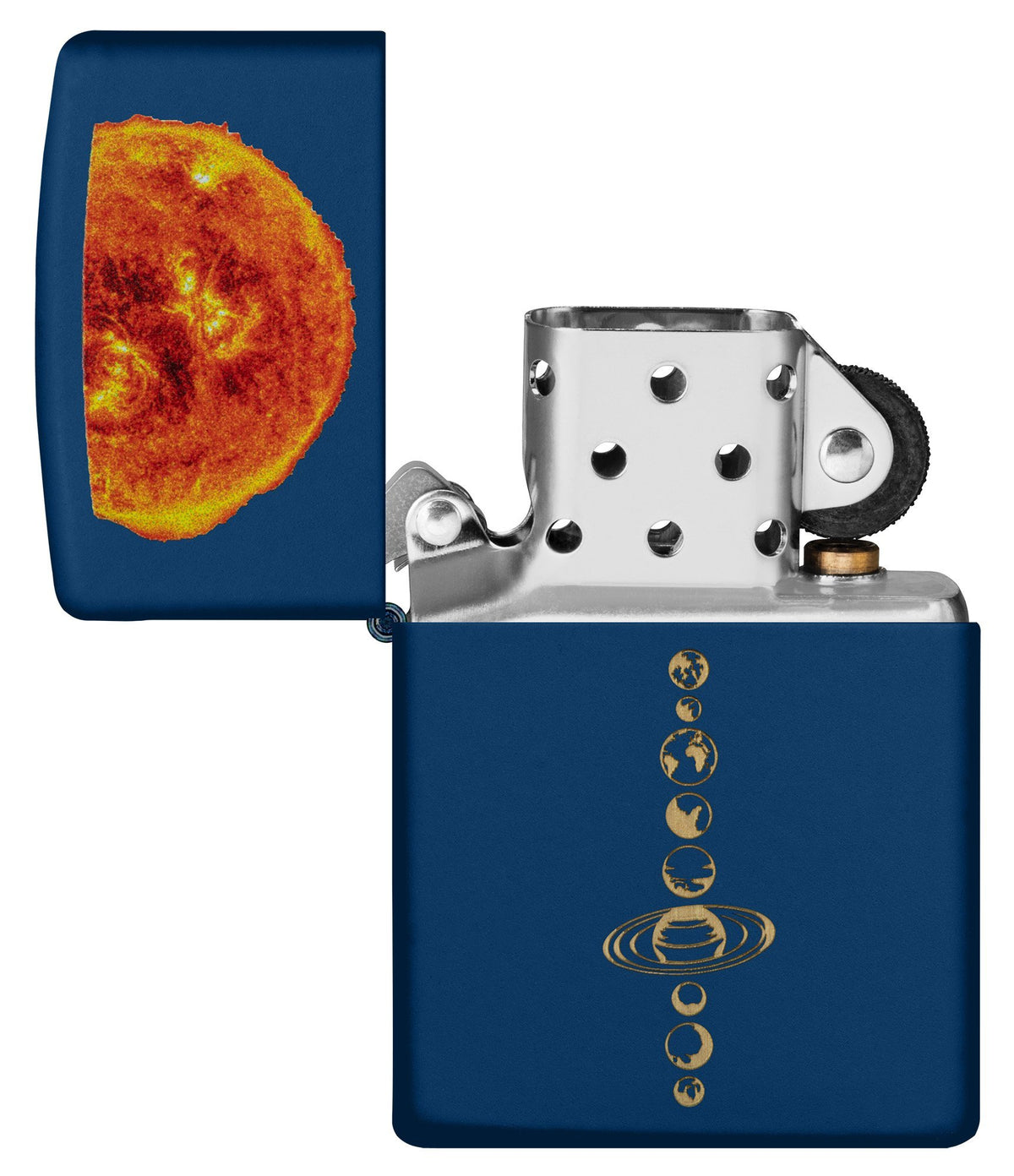 Zapalniczka Zippo Storm Solar System z eksplodującym słońcem na ciemnoniebieskim tle otwarta bez płomienia