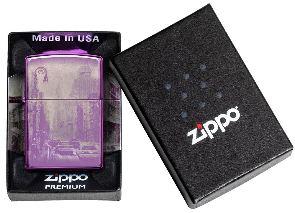 Zapalniczka Zippo fioletowa 360 stopni Nowy Jork z drapaczami chmur i amerykańskimi żółtymi taksówkami w otwartym pudełku upominkowym Premium