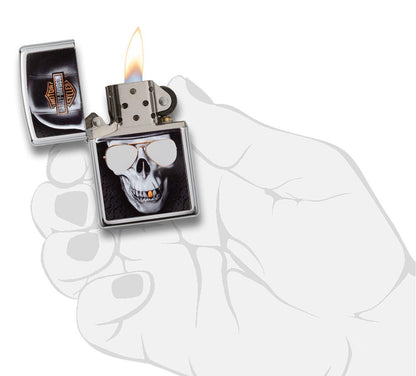 Zapalniczka Zippo chrom Harley-Davidson duża czaszka w hełmie otwarta z płomieniem w stylizowanej dłoni