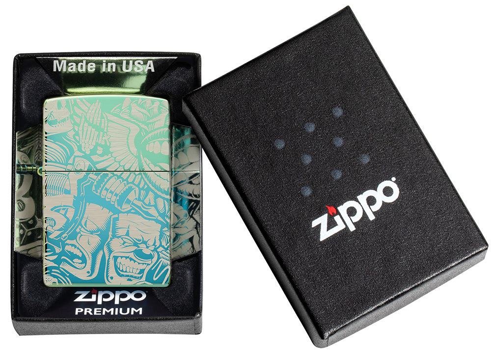Zippo Feuerzeug Grüntöne im Tattoostil mit Clowns Skeletten Glückwürfeln sowie Rosen in offener Premiumgeschenkbox