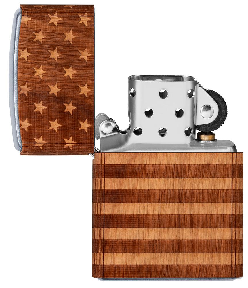 Zapalniczka Zippo chrom Woodchuck American Flag 360° otwarta