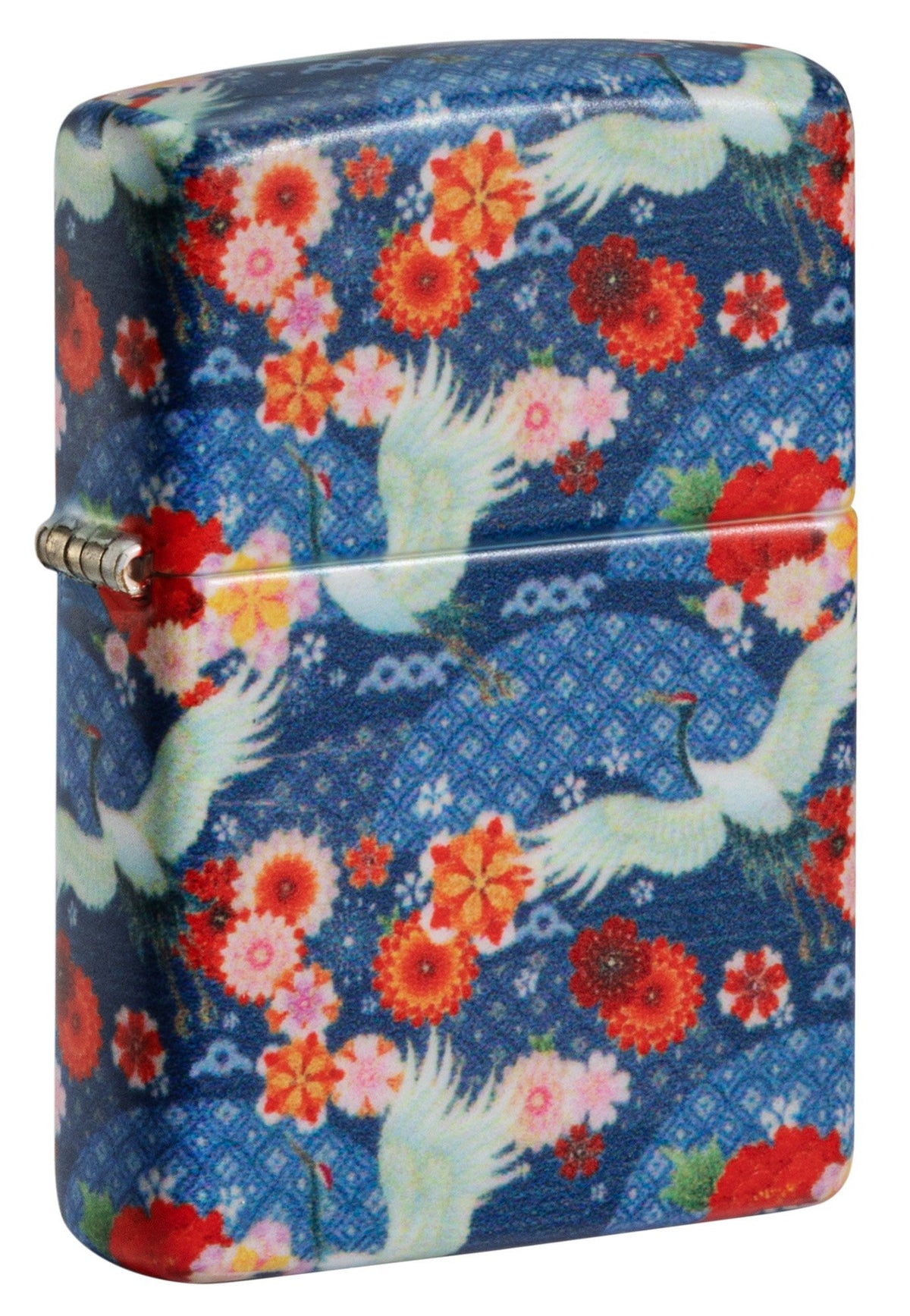 Widok z przodu 3/4 kąta zapalniczki Zippo Kimono 540 stopni Design z białymi dużymi ptakami i czerwonymi kwiatami