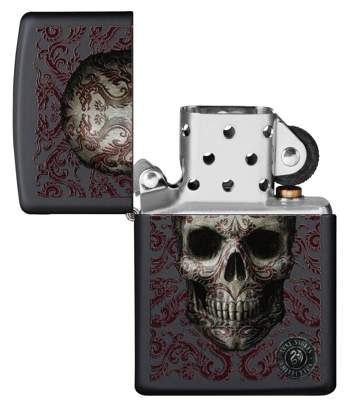  Zapalniczka Zippo czaszka otoczona zawijasami otwarta