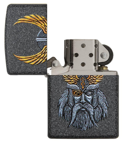 Zapalniczka Zippo szara z głową ojca bogów Odyna otwarta