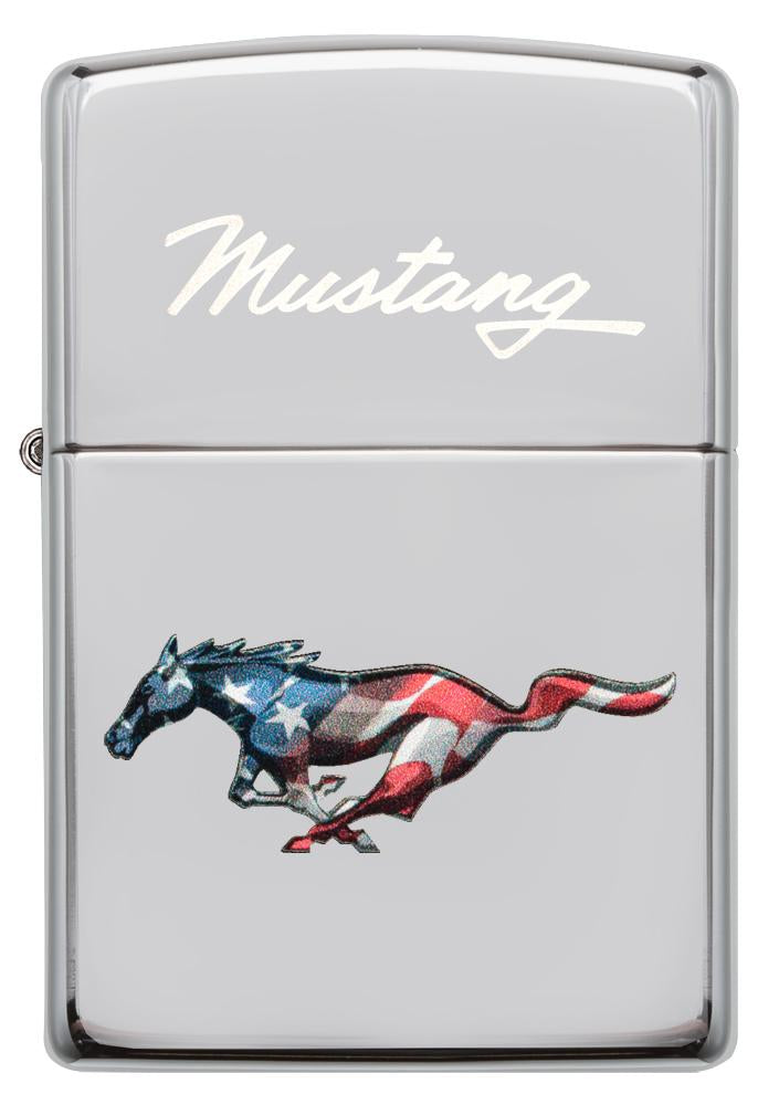Widok z przodu zapalniczka Zippo chrom mustang w kolorach flagi USA