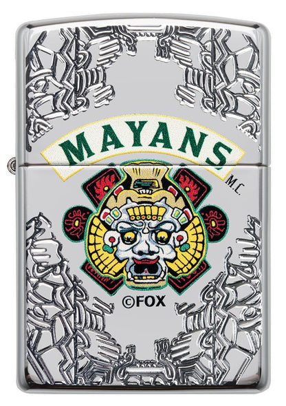 Widok z przodu zapalniczka Zippo chrom z głębokim grawerem Mayans M.C.
