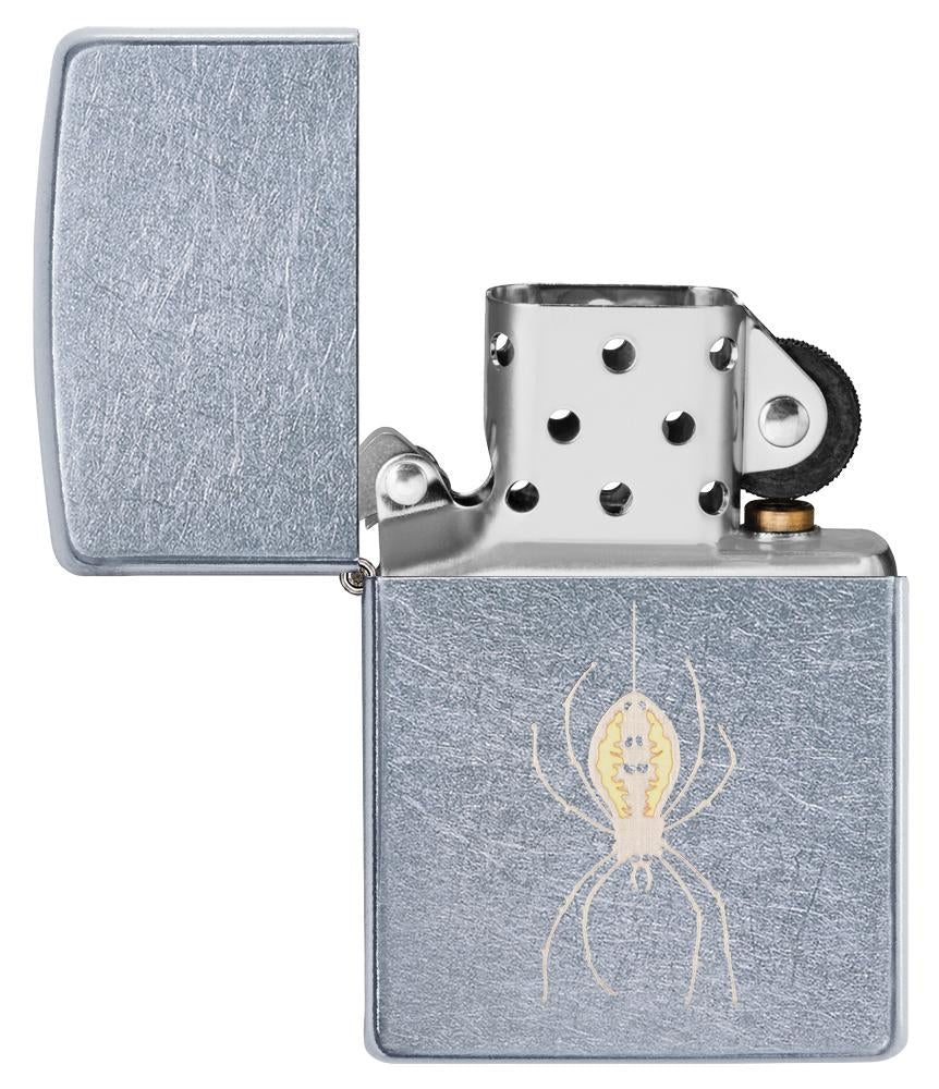 Zapalniczka Zippo chrom z pająkiem na nici otwarta