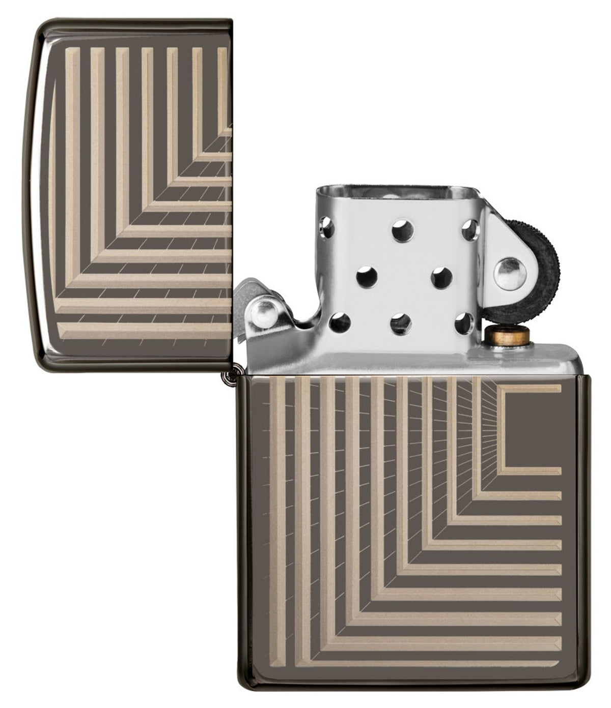 Zapalniczka Zippo z geometrycznymi liniami otwarta