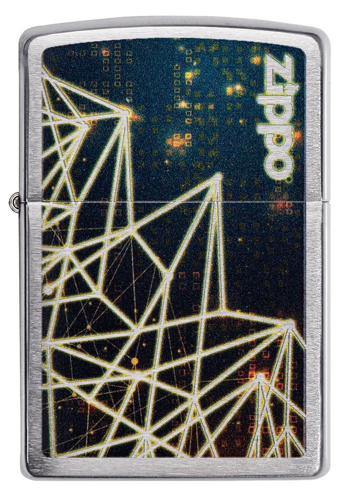Widok z przodu zapalniczka Zippo chrom z logo Zippo i figurą geometryczną