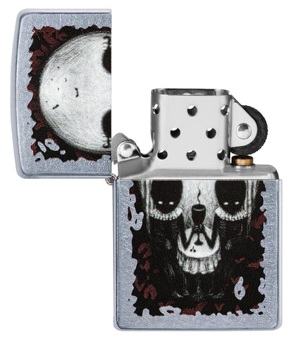 Zapalniczka Zippo chrom czaszka ze złudzeniem optycznym otwarta