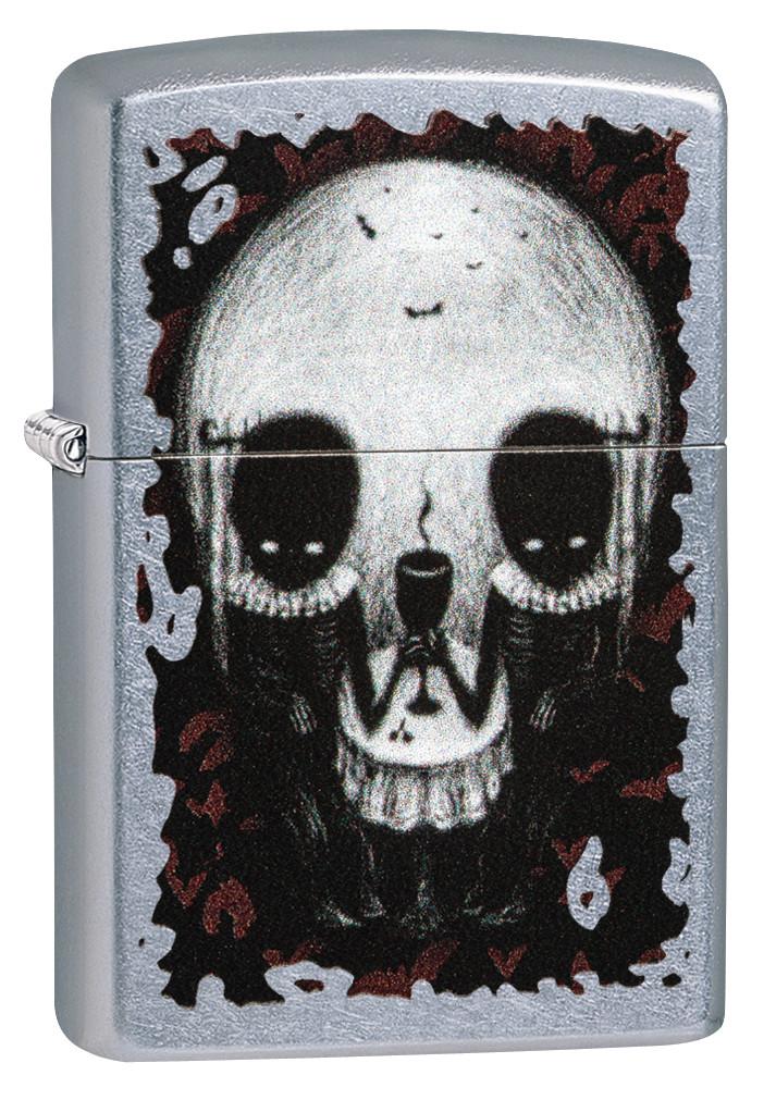 Widok z przodu kąt 3/4 zapalniczka Zippo chrom czaszka ze złudzeniem optycznym