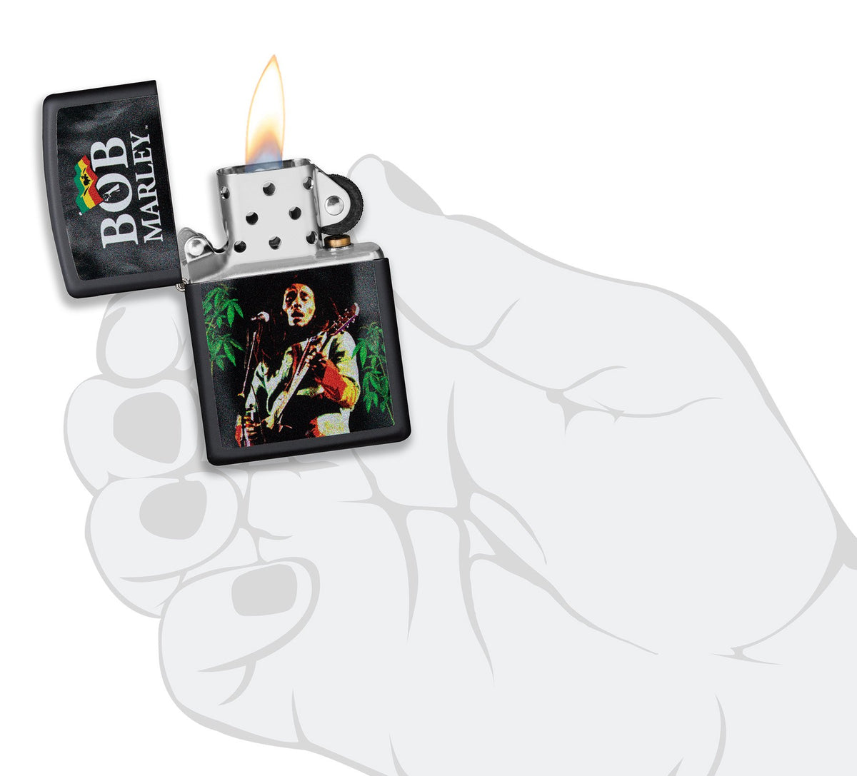 Zapalniczka Zippo czarna Bob Marley z gitarą otwarta z płomieniem w stylizowanej dłoni