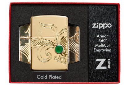 Zapalniczka Zippo mosiądz z wysokim połyskiem i głęboko wygrawerowaną lilią fleur-de-lis w otwartym luksusowym opakowaniu