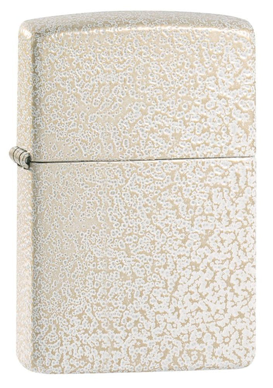 Widok z przodu kąt 3/4 zapalniczka Zippo Mercury Glass nakrapiana biało-złota