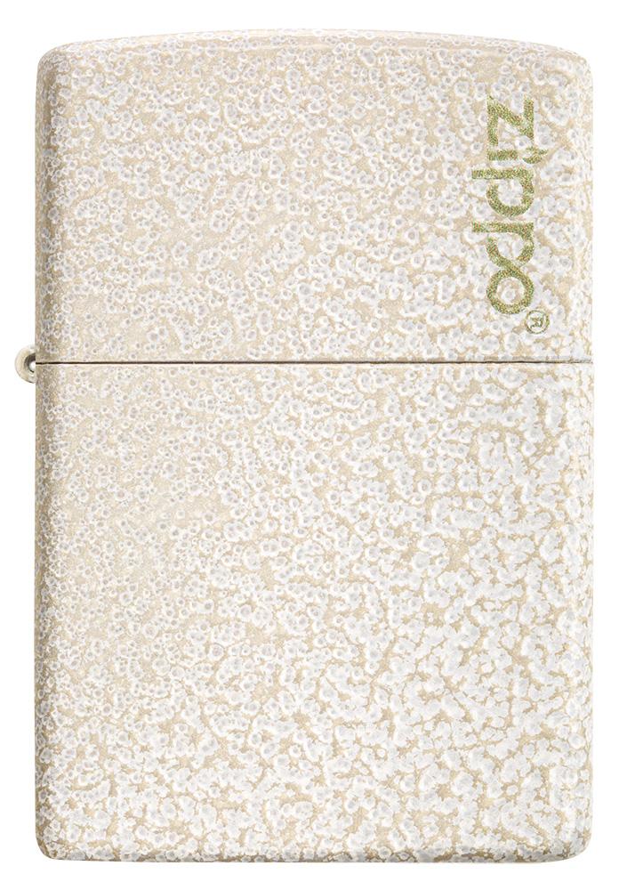 Widok z przodu zapalniczka Zippo Mercury Glass nakrapiana biało-złota z logo Zippo