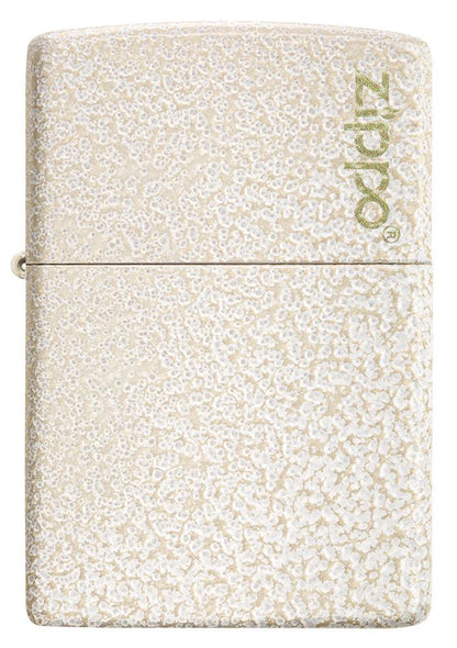 Widok z przodu zapalniczka Zippo Mercury Glass nakrapiana biało-złota z logo Zippo