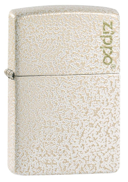 Widok z przodu kąt 3/4 zapalniczka Zippo Mercury Glass nakrapiana biało-złota z logo Zippo