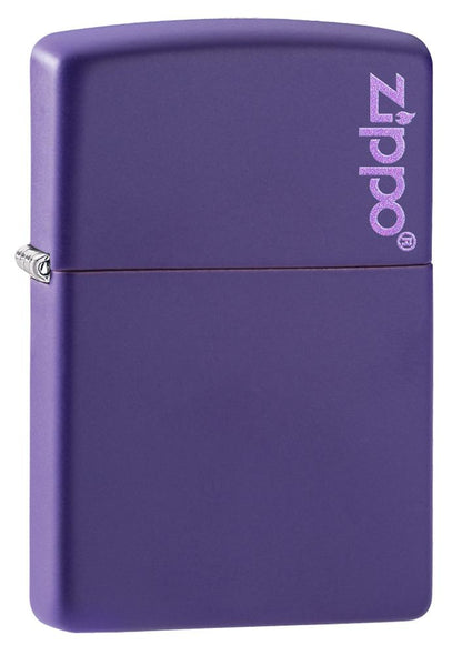 Widok z przodu kąt 3/4 zapalniczka Zippo matowa fioletowa z logo Zippo