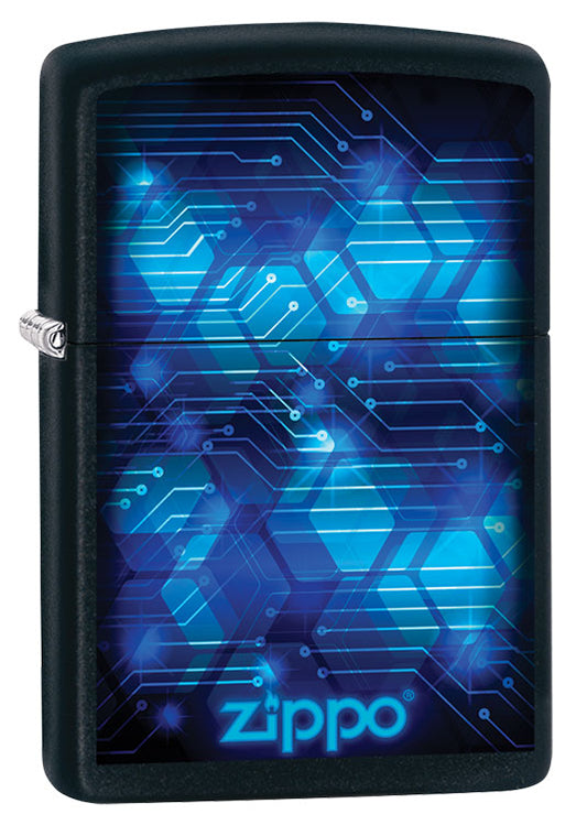 Vue de trois quarts du briquet tempête Zippo Blue Design