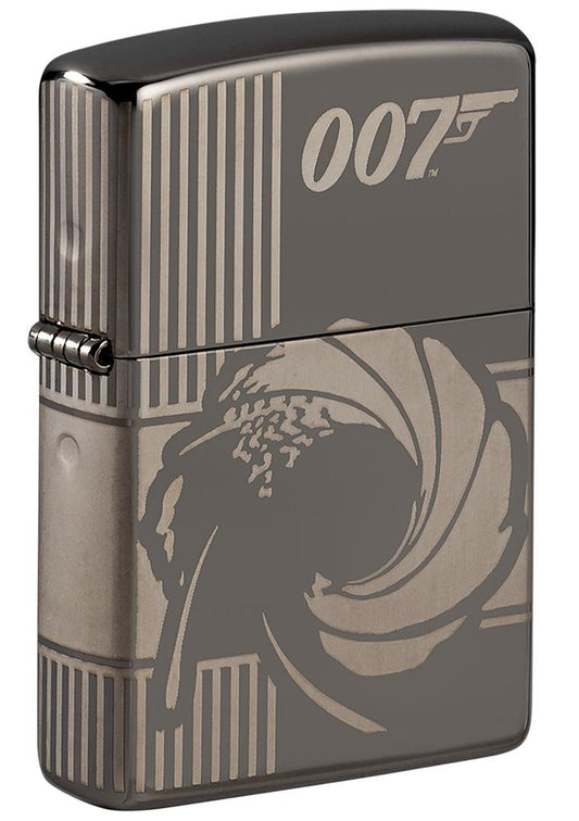 Widok z przodu kąt 3/4 zapalniczka Zippo szara błyszcząca James Bond 007