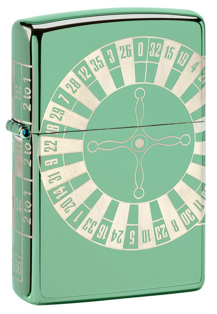 Widok z przodu kąt 3/4 zapalniczka Zippo High Polish Green z kołem ruletki