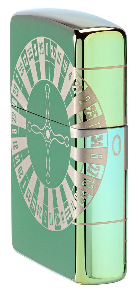 Widok z boku przód zapalniczka Zippo High Polish Green z kołem ruletki