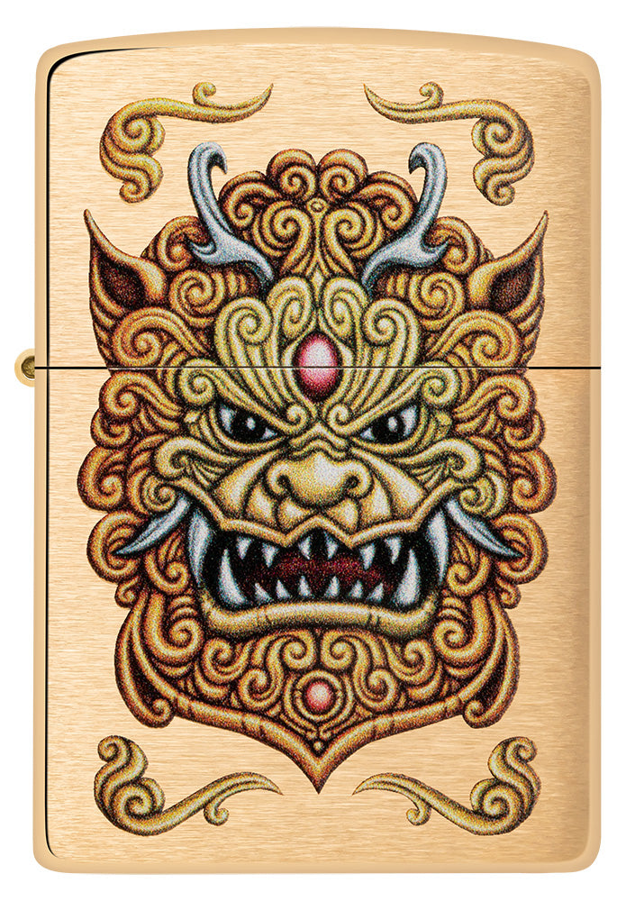 Widok z przodu wiatroszczelnej zapalniczki Zippo Foo Dog Design, przedstawiającej cesarskie złote lwy w stylu sztuki chińskiej.