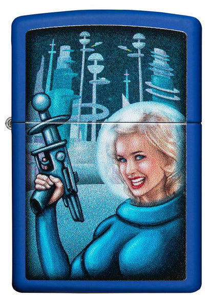 Widok z przodu Zapalniczka Zippo Retro Futuristic Royal Blue Pinup Woman With Ray Gun Web Debut